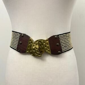 Black Gold Woven Stretch Belt 
Wood Brass Hook Closure VTG
80s Women’s Size S